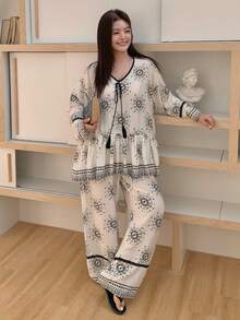 Dazy Plus 2pcs/Set Elegant Floral Print Loose Fit Pullover Top And Straight Leg Pants Pajama Set, Plus Size Women Spring/Autumn - White - View 5