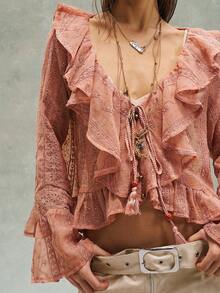 Bohemela Women's Casual Solid Color Woven Patchwork Lace V-Neck Ruffle Hem Blouse - Dusty Pink - View 1