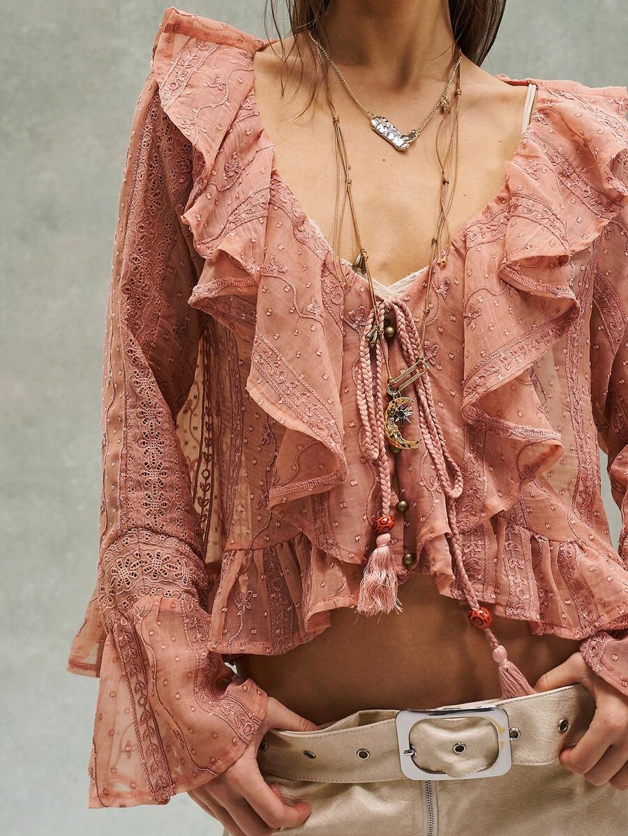 Bohemela Women's Casual Solid Color Woven Patchwork Lace V-Neck Ruffle Hem Blouse - Dusty Pink - View 1