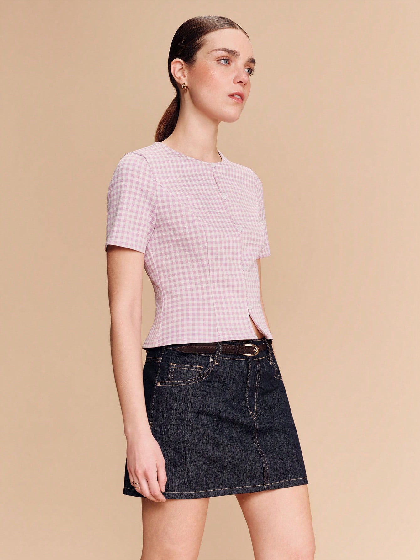 Lilac Gingham Short Sleeve Button-Front Top Cute Vintage Spring Summer Style French Style Parisian Style Business Casual