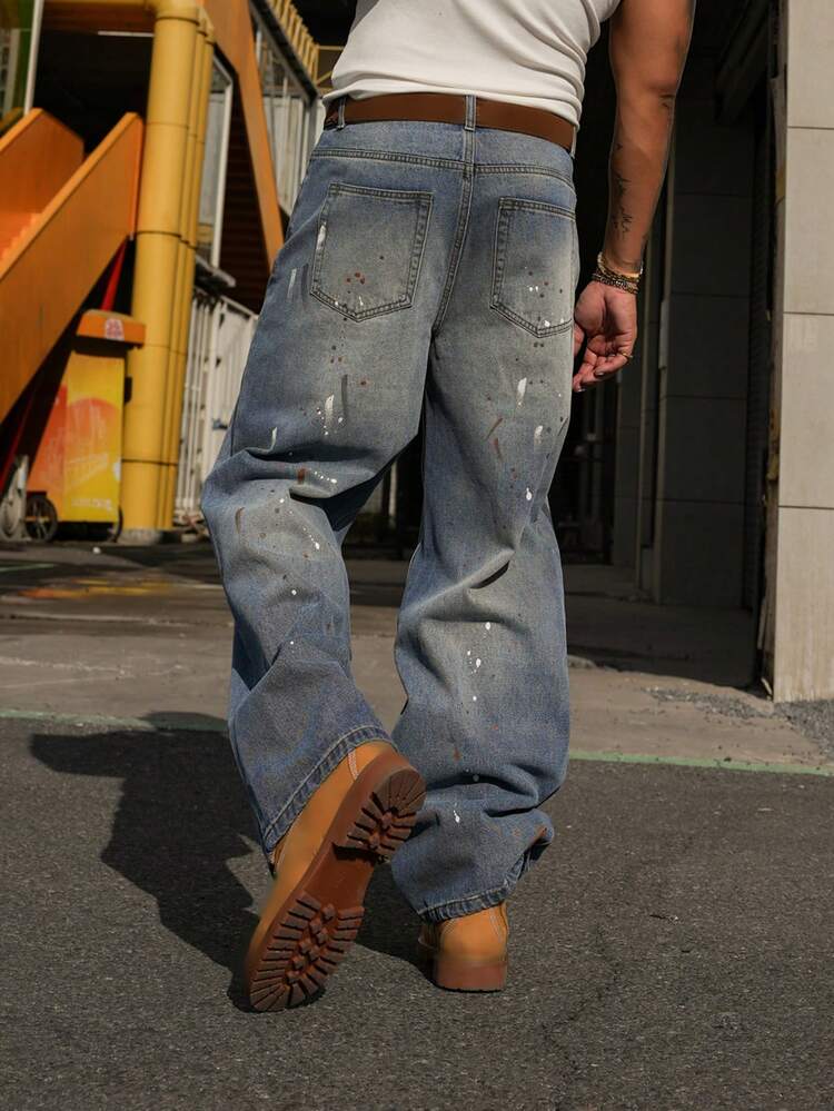 Spring Blue Washed Vintage Colorful Speckle Design Streetwear Men's Jeans