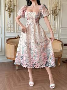 DAZY Women's Floral Print Elegant Waist Cinched Party Dress - Baby Pink - View 2