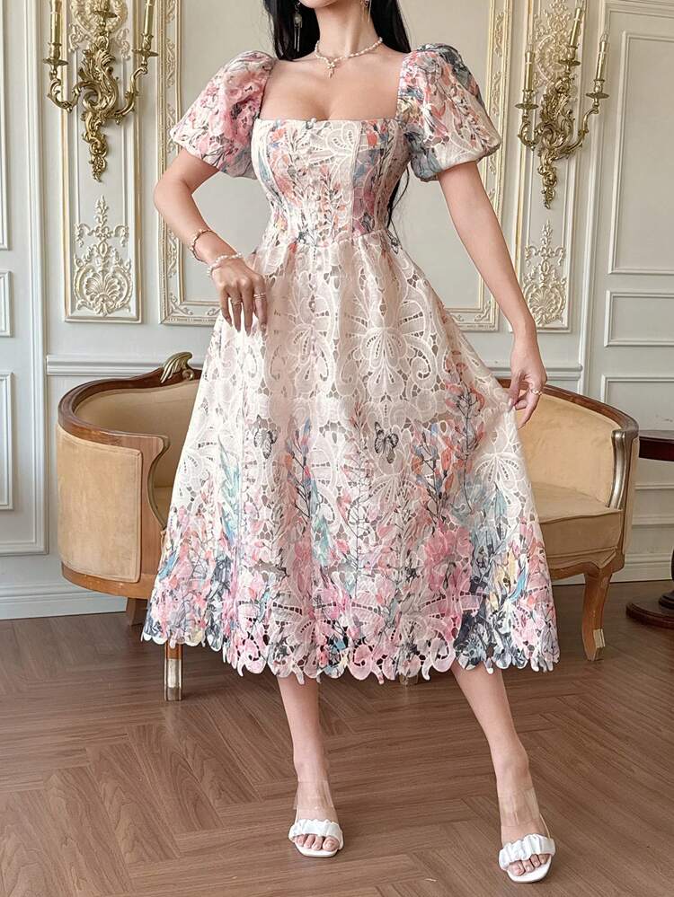 Women's Floral Print Elegant Waist Cinched Party Dress Summer Easter Maxi Dress Sundress Boho