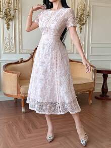 DAZY 优雅蕾丝边短袖连衣裙，青春雅致迷你连衣裙 - 粉色 - 查看 3