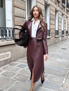 Pariaura Petite 女士纯色纽扣前开襟长袖外套和及膝半裙优雅套装 - 酒紅色 - 查看 7