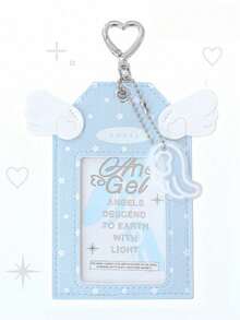 1pc Y2k Card Holder Keychain, Cute Kawaii PU Leather Card Holder With Wings & Heart Keychain, Gift For Friends, Pink/Blue ID/SIM Pouch - Little Angel - View 8