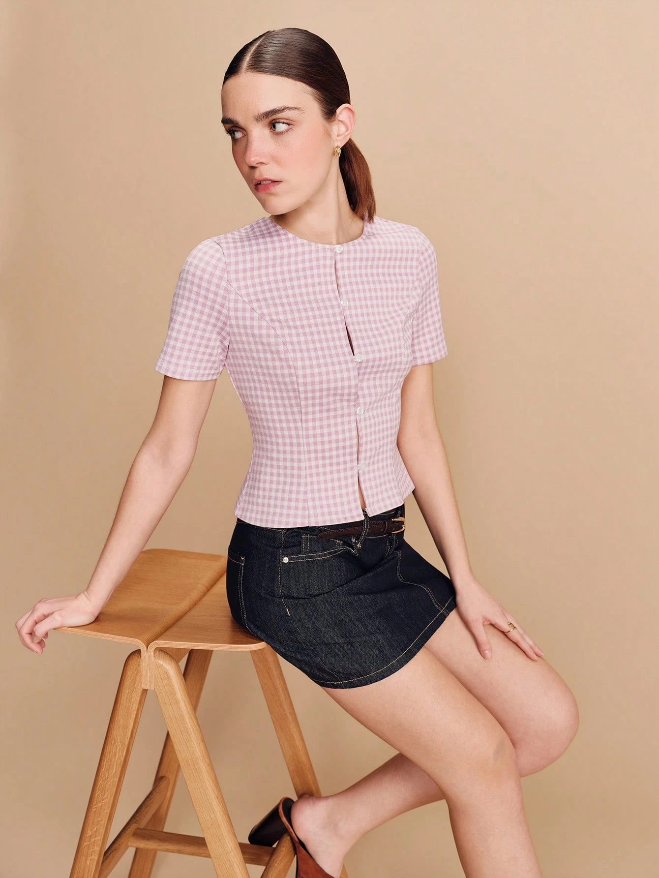 Lilac Gingham Short Sleeve Button-Front Top Cute Vintage Spring Summer Style French Style Parisian Style Business Casual