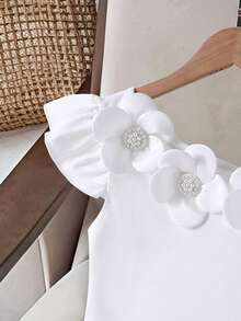 2pcs/Set Tween Girls White Summer Cute Tea Party Outfit,Elegant Beaded Floral Decor Spaghetti Strap Fitted Top&Pleated Minimalist A-Line Skirt,Casual - Pink - View 6
