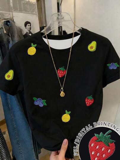 Resyla Plus Size Women's Casual Fruit Embroidery Round Neck Short Sleeve T-Shirt, Summer