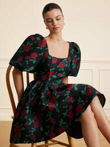 BELROSIE Schwarz & Rot Kontrast Farbe Rose Jacquard Stoff Quadratischer Kragen Puffärmel Kurzes Kleid, eleganter französischer Retro-romantischer Stil für Frauen - Verschiedenfarbig - Übersicht 6