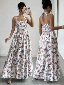 Elenzga Đầm nữ thời trang mới mùa xuân/hè, màu trắng chủ đạo, họa tiết hoa ba màu, cổ yếm, eo nhún, dáng chữ A, dài đến mắt cá chân, phù hợp cho mặc hàng ngày, đám cưới, dạ hội, đi làm, tiệc tốt nghiệp, ngày lễ, kỳ nghỉ, hẹn hò, tiệc tùng, Halloween, Giáng sinh, Năm mới, Lễ Tạ ơn, đám cưới. - Màu be - Xem 1