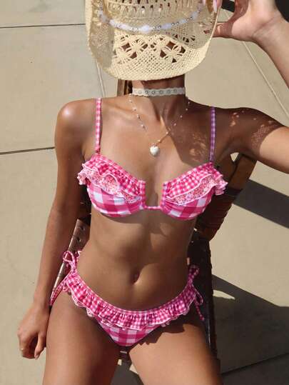 Swim Mod Women's 2 Pieces Swimsuit Set, Sweet Vacation Plaid & Ditsy Floral Patchwork Layered Bandeau With Detachable Straps, Summer