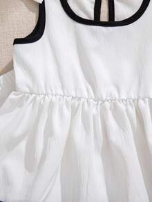 Souflis Souflis 女婴撞色滚边蝴蝶结装饰荷叶边上衣和松紧腰阔腿裤套装，春夏款 - 白色 - 查看 7