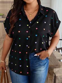 SHEIN LUNE Plus Size Summer Casual Random Heart Print Button-Front Shirt,Valentine - Black - View 3