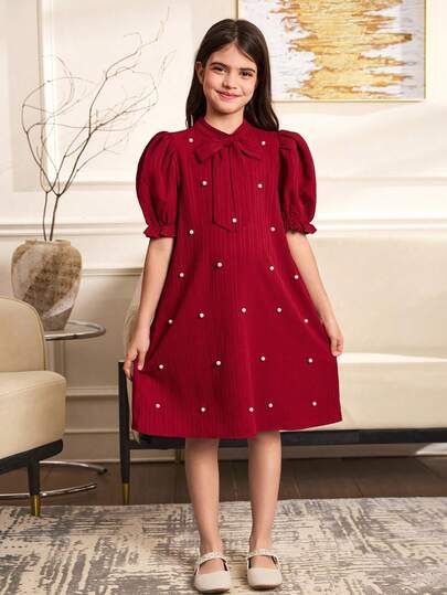 SHEIN Teen Girl Woven Jacquard Print Patchwork Colorful Striped Foil Dot Tassel Decor Ruffle Hem Snug Fit Pullover Dress, Suitable For Travel, Vacation, Countryside Style, Casual Resort, Boho Red Dress