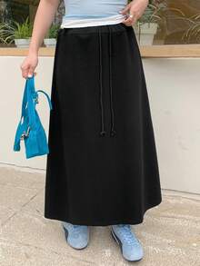 Dazy Plus Black Solid Color Fitted Long Tie-Waist Casual Versatile Skirt, Suitable For Spring And Summer - Black - View 5