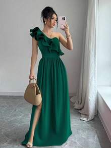 KKMALL Dress With Asymmetrical Neckline And Leg Openness - Green - View 3