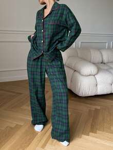 Dazy Tall Tall Women's Plaid Button-Up Shirt & Pants 2 Pieces Casual Set - Dark Green - View 1