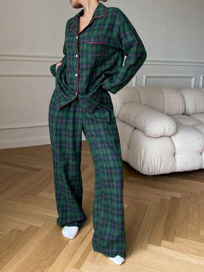 Dazy Tall Tall Women's Plaid Button-Up Shirt & Pants 2 Pieces Casual Set