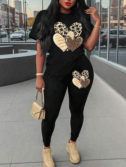 Maweii 大码爱心字母印花T恤和修身长裤两件套