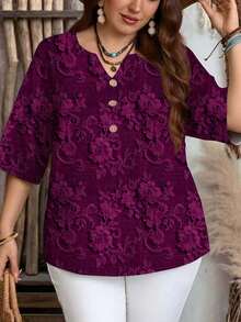 EMERY ROSE Plus Size Casual Floral Print Shirt, Suitable For Summer Spring - Purple - View 4