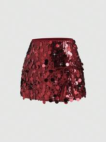 SHEIN PETITE 性感A字高腰紧身亮片蝴蝶结腰带派对迷你裙，四季皆宜 - 酒紅色 - 查看 3