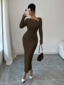 Elenzga 女士纯色不对称领口金属装饰修身优雅中长连衣裙 - 棕色 - 查看 3