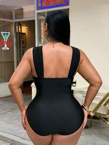 Swim SXY 大码女式纯色金属亮片优雅性感连体泳衣 - 黑色 - 查看 2