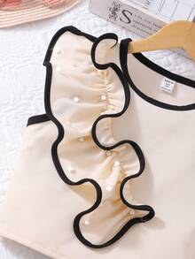 Girls' Sleeveless Asymmetrical Pearl Ruffle Vest And Pearl Double-Layer Skirt Cake Skirt Set Casual Party Gathering Two Pieces Set - Black - View 4