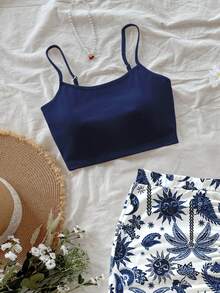 Soleia 2pcs/Set Casual Vacation Style Navy Blue Sun God Palm Tree Hand-Painted Pattern Full Print Women Tank Top And Printed Skirt, Suitable For Spring/Summer Spring - Multicolor - View 6