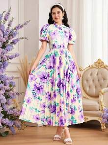 SHEIN 少女碎花荷叶边飘逸连衣裙，褶皱领口和泡泡袖设计，适合春夏休闲、度假和日常穿着。 - 紫色 - 查看 10