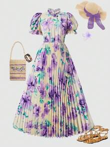SHEIN 少女碎花荷叶边飘逸连衣裙，褶皱领口和泡泡袖设计，适合春夏休闲、度假和日常穿着。 - 紫色 - 查看 3