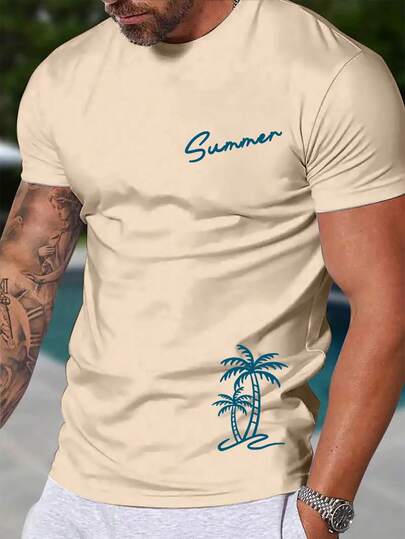 Manfinity RSRT Men's Casual Palm Tree Print Round Neck Short Sleeve T-Shirt Beach Clothes For Men
