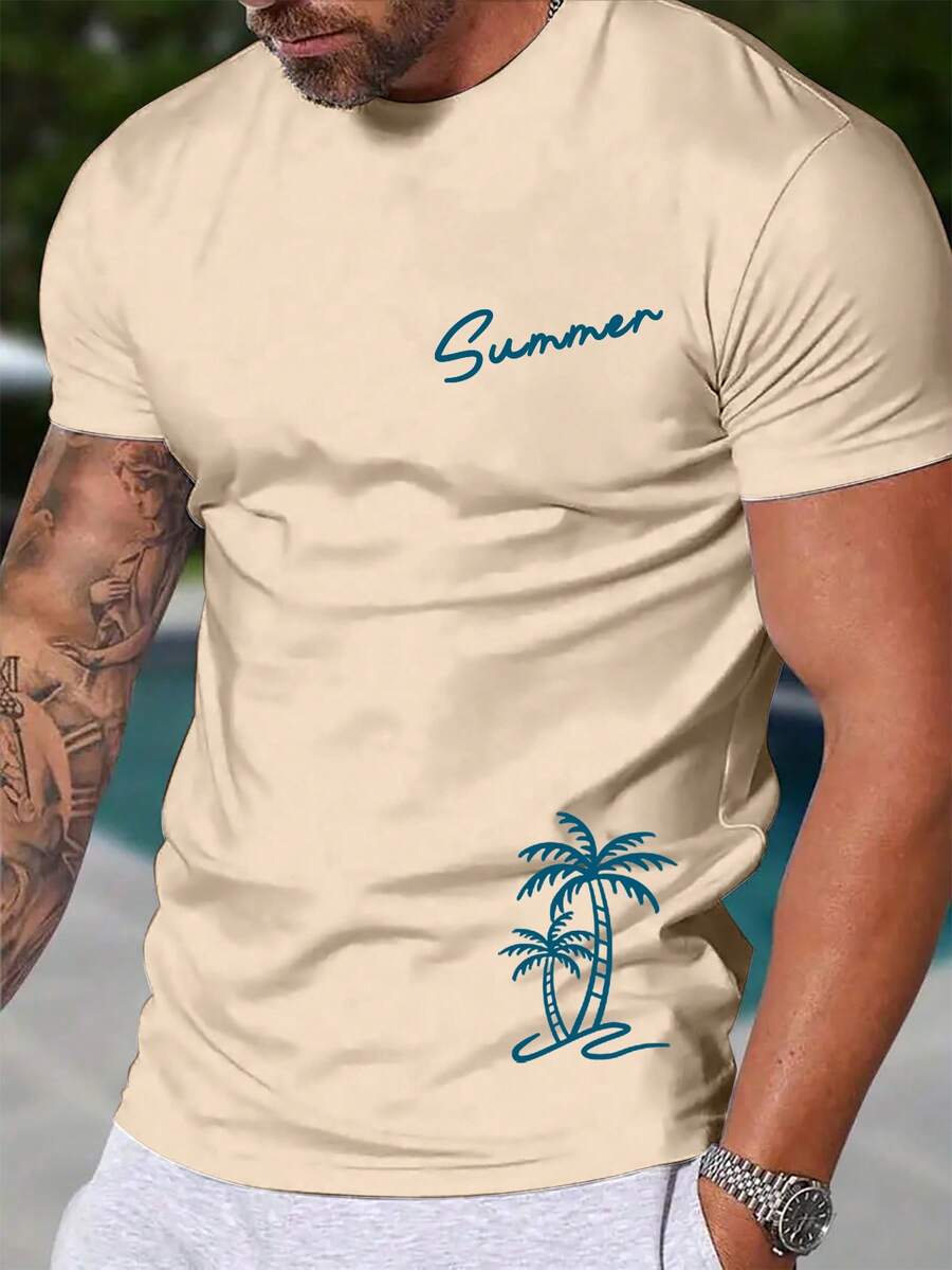 Manfinity RSRT Men's Casual Palm Tree Print Round Neck Short Sleeve T-Shirt Beach Clothes For Men - Apricot - View 1