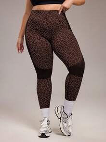 SHEIN Sports 1 件女式加大码豹纹侧条纹健身、跑步、锻炼、瑜伽紧身裤 - 彩色 - 查看 2