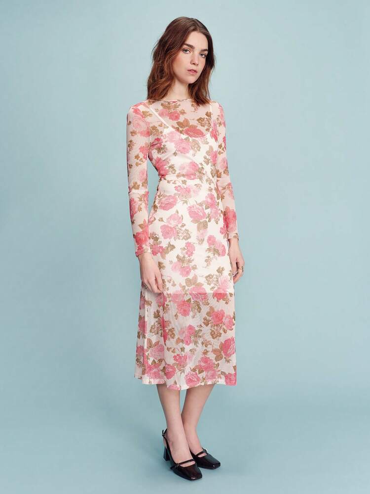 2PCS Sheer Pink Floral Print Mesh Long Sleeve Midi Dress With Fitted Silhouette Romantic Vintage Occasion Dress Spring Summer French Style Parisian Style Flower Dress Woman Floral Midi Dress Long Sleeve Dresses Woman Flowery Dress