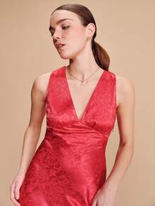 lacRébo Red Satin Jacquard Fitted Midi Dress With Plunge V Neckline Sleeveless Cut And Elegant Bold Romantic Silhouette Valentines French Style Parisian Style - Red - View 6