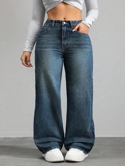 SHEIN CURVE+ 大码女式休闲宽松牛仔阔腿裤