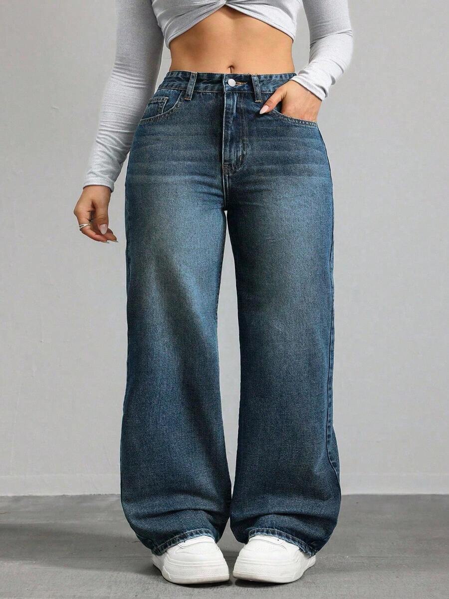 SHEIN CURVE+ Plus Size Women Casual Loose Fit Denim Wide Leg Pants - Dark Wash - View 1