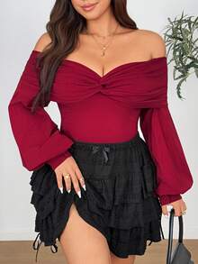 Vionelle Sexy Minimalist Pleated Waist Off Shoulder Plus Size Cropped Blouse - Burgundy - View 1