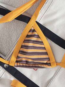 Swim Mod 两件套女士条纹提花面料挂脖系带微三角比基尼上衣和可调节高腰三角比基尼下装泳衣套装 - 橘色 - 查看 5