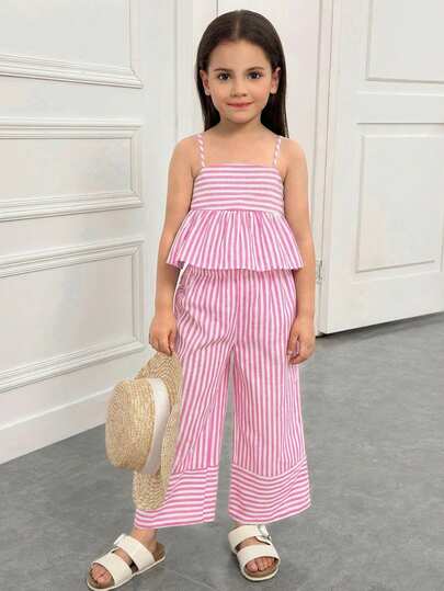 SHEIN Conjunto informal de top de tirantes de parches y pantalones anchos de pierna ancha a juego con estampado de rayas para jóvenes, ideal para vacaciones, universidad y uso diario