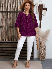 EMERY ROSE Plus Size Casual Floral Print Shirt, Suitable For Summer Spring - Purple - View 5