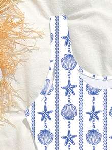 SHEIN 少女连体泳衣,可爱蓝色贝壳和海星条纹针织面料无袖连体裤,时尚优雅休闲,适合游泳、夏季度假、海滩、泳池、节日派对等场合。 - 白色 - 查看 6