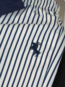 SHEIN 2pcs Infant Girls' Summer Fashionable Minimalist Street Style White Short Sleeve T-Shirt With Black Embroidered Decor On Chest And Apricot Striped Pants Set, Suitable For Daily School Wear - Navy Blue - View 5