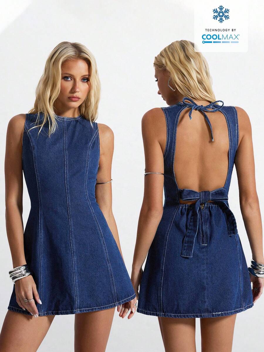 Jeanoix Đầm denim không tay, màu trơn, hở lưng, buộc dây, thời trang dành cho nữ, mùa hè. - Rửa tối - Xem 1