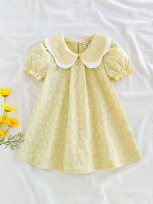SHEIN Vintaside Kids 1pc Baby Girls Yellow Summer Elegant Fiesta Noche Dress,Jacquard Textured Reversible Collar A-Line Short Sleeve Casual Versatile Dress For Outings - Multicolor - View 10