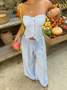 Sunnyshic 两件套女士条纹纽扣露脐上衣和低腰长裤 - 藍白色 - 查看 4