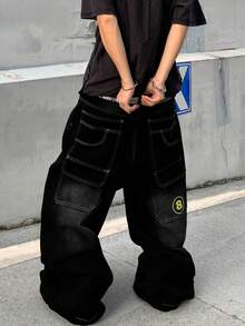 ROMWE MEN Grunge Punk Quần jeans nam ống rộng dáng suông, chất liệu denim mài, có túi. - màu đen - Xem 1