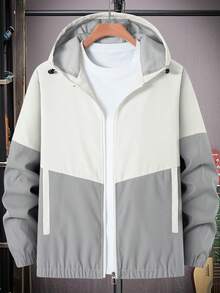 Manfinity Homme 轻便男士纯色休闲运动夹克，春秋季，带帽拉链防风外套，灰白拼接设计，休闲运动服，透气连帽夹克，设计师款拉链连帽衫，男士科技服饰，男士连帽衫，休闲男士慢跑服，男士夹克，男士拉链连帽夹克，男士夏季夹克，男士防风夹克 - 彩色 - 查看 4